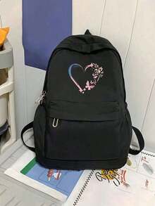 1pc Women'S Stylish Black Backpack With Heart & Butterfly Print - Lightweight, Large Capacity, Multi-Functional School & Travel Bag With Adjustable Straps, Zipper Closure, And Polyester Linin - Black - View 14