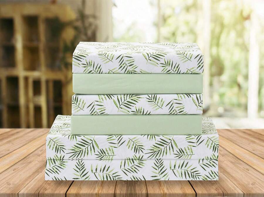 Luxury Soft Bed Sheets Palm Leaves Pattern - 1500 Premium Hotel Quality Microfiber Softness Wrinkle And Fade Resistant (6-Piece) Bedding Set, Queen, Palm Leaves - 橄欖綠 - 查看 1