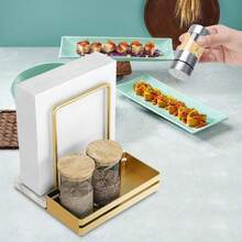 Napkin Holder For Table, Metal Marble Napkin Holder With Salt And Pepper Shakers Caddy, Standing Paper Napkin Storage For Dining Table Kitchen Decor, Marble & Metal Base, Gold - Gold - View 7