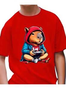 Basic Short T-Shirt Blouse With "Cute" Capybara Print For Boys, Casual And Fashion Style With Control - White - View 3