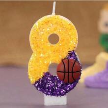 1pc Birthday Decorations Basketball Glitter Purple Gold Patchwork Sequin Basketball, 24 Number Basketball Star Fan Gift, Creative Handmade DIY Digit Birthday Candle With Holder For Cake