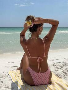 Alyweatry Women Y2K Bikinis Sets Coquette Aesthetic Bows Halter Tie Up Bikini Top High Cut Elastic Waist Bikini Bottom - 粉紅色花卉 - 查看 5