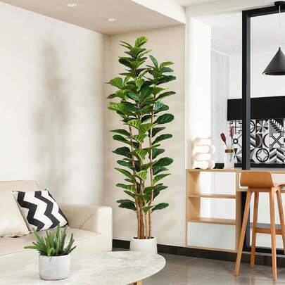 7FT Faux Fiddle Leaf Fig Tree With White Pot, Faux Trees With Artificial Plants Fiddle Leaves Greenery - Lifelike Fake Tree For Home Office Store Room Decor Indoor Outdoor