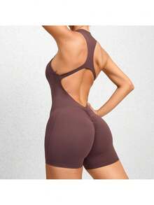 Women's Sleeveless Yoga Jumpsuit, Zipper Vest Exercise Clothing Set Women's Fashion Sports Coveralls - 棕色 - 查看 3