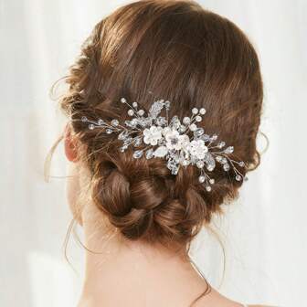 1pc Women's Elegant Handmade Alloy Leaf & Clay Flower Faux Pearl Hair Comb, Bridal Wedding Party Headpiece