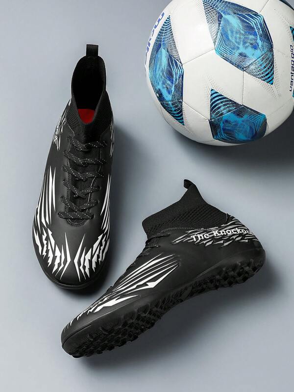 Botines de fútbol con tacos para niños y niñas, zapatos de fútbol profesionales para exterior con patrón geométrico antideslizante y transpirable con cordones para entrenamiento y competición