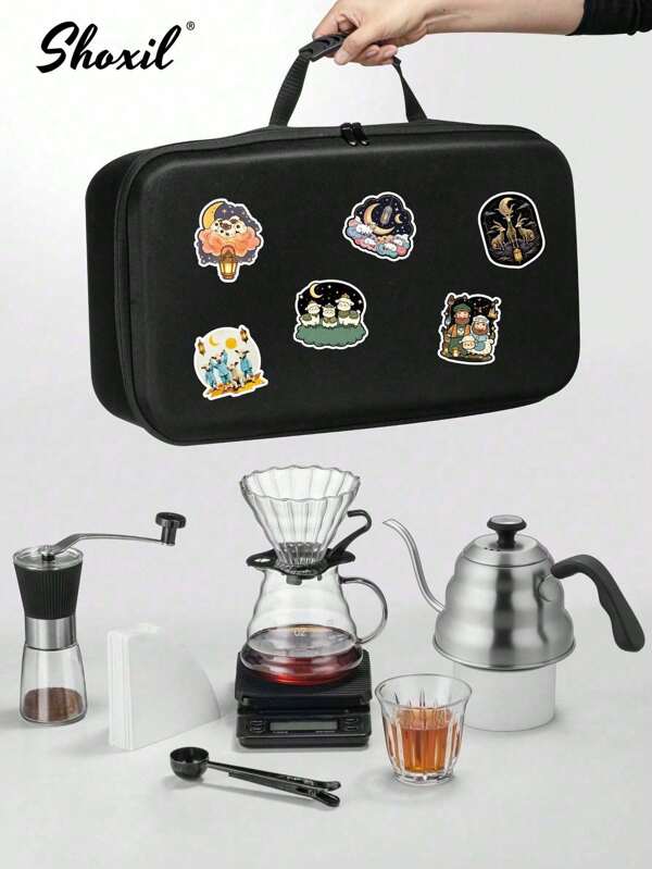 shoxil 1PC Premium V60 Pour Over Coffee Set (Size 02) - Complete Kit With 1000ml Gooseneck Kettle, Thermometer & Portable Case | Includes Glass Dripper Pot, Scale, Grinder & Filters | Ideal For Home Brewing & Travel