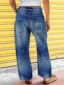 Women's Loose Straight Leg Jeans With Non Elastic Washable Drawstring And Large Pocket Casual Wide Leg Jeans - Rửa tối - Xem 2