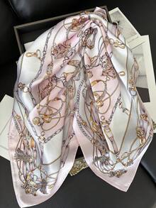 1pc Summer Bright Color Oil Painting Lemon Print Small Square Women Satin Neck Tie Scarfs Soft Neat Ladies Neckerchiefs - Pink Chain - View 2