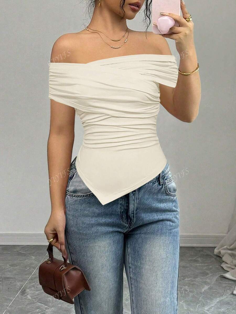 Women's Elegant Solid Color Ruched Bardot Top, Summer