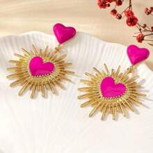 1 Pair Fashionable Minimalist Gold Metal Colorful Heart Drop Stud Earrings, Suitable For Daily Wear, Banquet, Party, Festivals