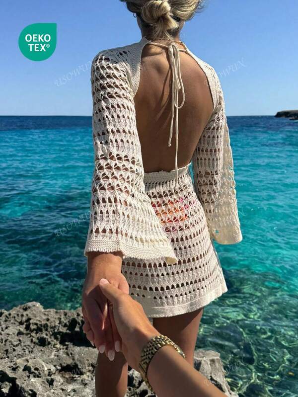 Abito da spiaggia da donna per primavera/estate, stile bohémien sexy, con maniche lunghe, traforato, schiena scoperta, uncinetto, abito da sole