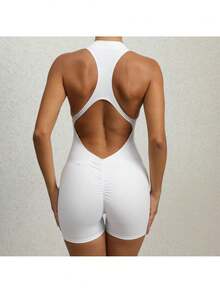 Women's Sleeveless Yoga Jumpsuit, Zipper Vest Exercise Clothing Set Women's Fashion Sports Coveralls - 白色 - 查看 5