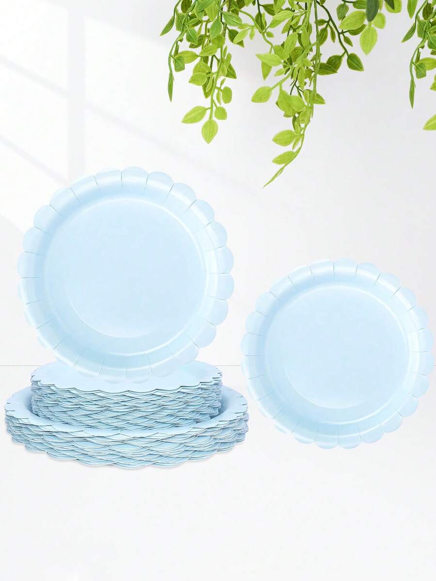 10/20/50入淺藍色盤子，9英吋一次性扇形藍色盤子，7英吋嬰兒藍甜點盤，可愛派對蛋糕盤，適用於嬰兒洗禮、性別揭曉派對、婚禮、生日派對裝飾 - 藍色 - 查看 1
