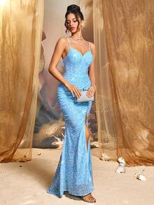 CHOSMO New Style Solid Color Shiny Elegant Sequin Backless Women's Dress, Suitable For Wedding, Party, Birthday, Anniversary, Graduation, Music Festival, Holiday Cocktail, Formal Dinner, Photoshoot, Prom, Travel, Stage And Concert, Fall Wedding Guest Dress, Ball Gowns Women Formal, Blue Dress