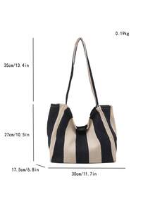 Casual Striped Large Capacity Simple Shopping Tote Bag For Shopping, Vacation, School - Black - View 4