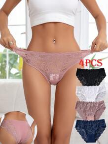 4 Packs Women's Underwear - Floral Lace Seamless Panties, Stretchy & Comfortable, Breathable Delicate Lace Design, Mid-Rise Basic Briefs For Daily Wear