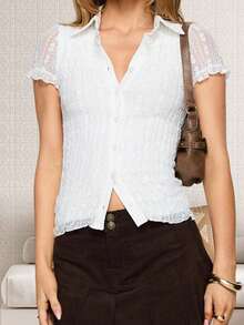 Womens Lace Shirts Fashionable Solid Color Lapel V Neck Short Sleeve Slim Fit Tops Casual Daily - White - View 6