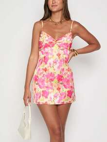 Women Boho Floral Mini Dress Spaghetti Strap V-Neck Ruched Front Bodycon Short Dress Summer Sleeveless Backless Slim Fit Going Out Cami Dress Beach Vacation Cocktail Party Sundress Streetwear - 彩色 - 查看 6