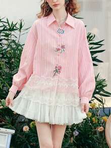 Vêtements d'automne pour femmes, chemise rose brodée pour femmes, associée à un Top brodé de dentelle, une chemise féminine à la mode et élégante, un incontournable pour les sorties décontractées. Top à manches longues pour femmes en automne-hiver, nouveaux vêtements pour femmes à la mode avec rayures brodées, costume d'Halloween - Rose bonbon - Voir 3