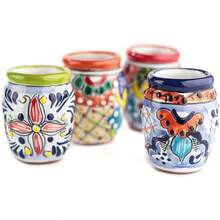 MEXTEQUIL - Vasos Tequileros de Cerámica Talavera Auténtica Mexicana, Set de 4 - Encaje Azul - Barril Filo Colores - Ver 5