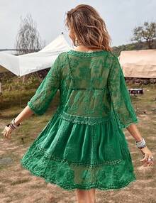 Women's Contrast Lace Loose Swimsuit Cover Up Beach Dress - Swimwear 2025 IBGX - Cỏ xanh - Xem 8