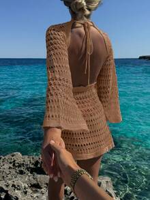 女士春夏印花咖啡色沙滩连衣裙，波西米亚性感镂空露背长袖钩针罩衫连衣裙 - 駝色 - 查看 7