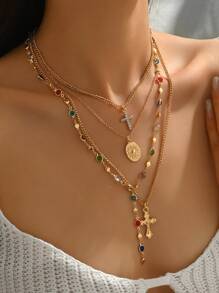 4 Stücke/Set elegante, mit Diamanten besetzte Halskette im Kreuz-Design für das Schlüsselbein, bunter Diamant Y-förmiger Lange Halskette, vielseitiges Design geeignet für den täglichen Gebrauch, Reisen, Partys, Festivals, zufällig angeordnete bunte Diamanten