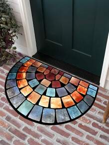 Capacho de porta com estampa de pedra colorida, 1 peça, de poliéster, lavável, com design semicircular retrô, adequado para decoração de quarto, entrada ou casa - durável, fácil de limpar, usado para decoração de porta, banheiro e entrada - disponível em vários tamanhos, resistente a manchas, resistente e à prova de poeira