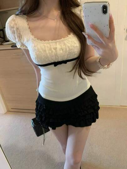 优雅时尚甜美女孩风格泡泡袖 T 恤，圆领蕾丝拼布蝴蝶结修身短袖上衣