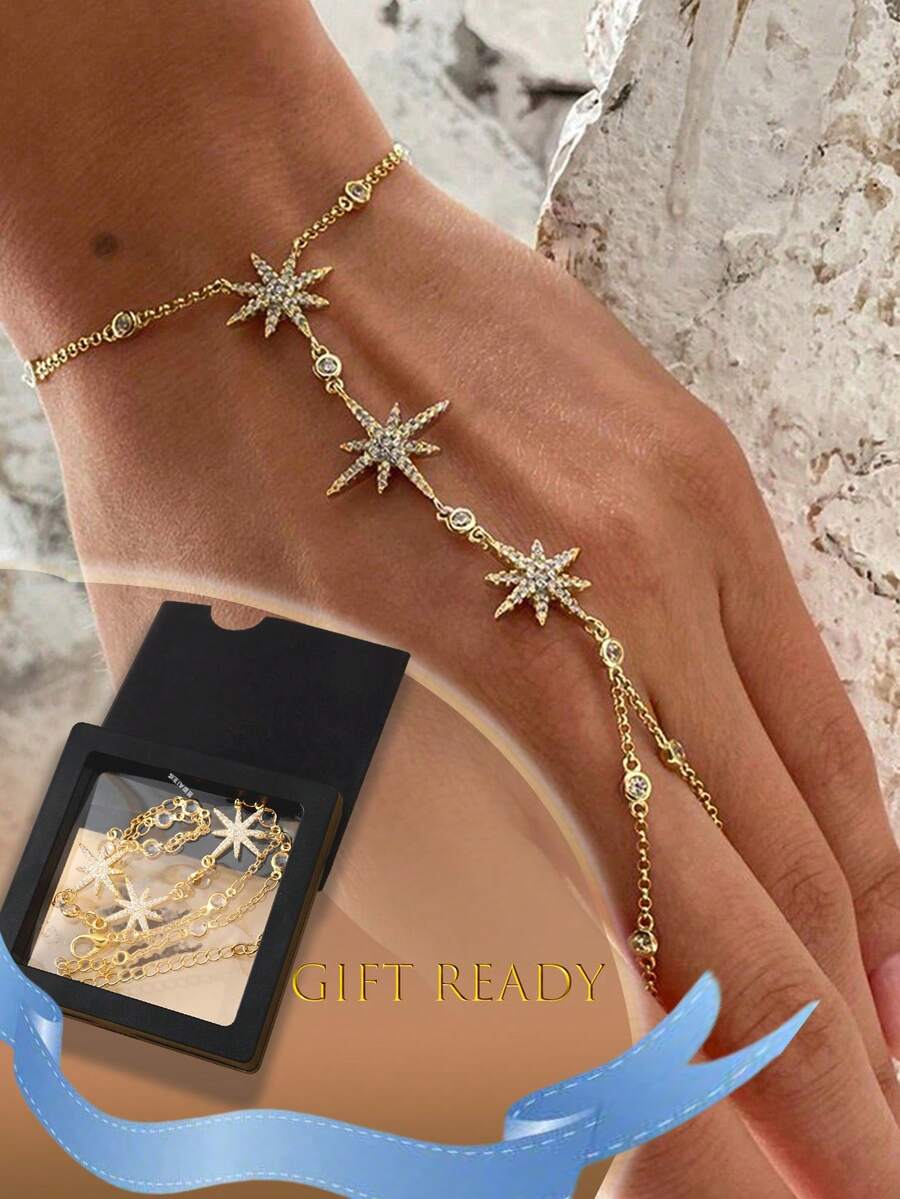 1 pieza Brazalete de mujer brillante y resistente a la decoloración con cadena de dedo con diamantes de imitación, estuche de regalo adecuado para uso diario, fiesta, viaje, regalo - Pulsera de oro + caja de regalo - Ver 1
