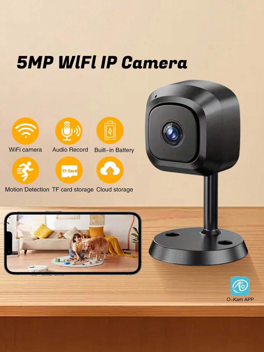 1PC 5MP 室内监视器，WiFi 摄像头，室内高清摄像头，红外夜视功能，家庭宠物监视器，人体检测和记录功能，便携时尚相机 - 黑色 - 查看 1