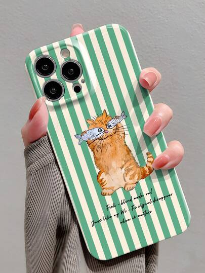 غطاء هاتف خلوي صلب مثقب ناعم مطبوع عليه رسوم قطة وسمكة مخططة متوافق مع هواتف آيفون 11/12/13/14/15/16 برو ماكس، مقاوم للماء والصدمات ومقاوم للخدش