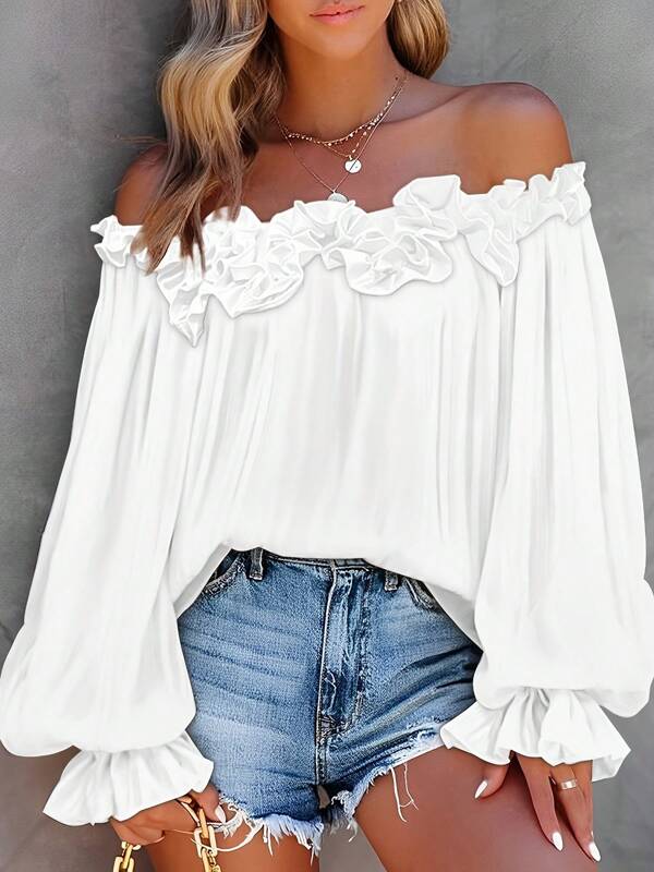 Elegant Style Spring/Summer New Casual Single Cold Shoulder Solid Color Long Sleeve Blouse Top With Ruffle Sleeve, Plus Size Women