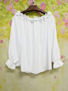 优雅风格春夏新款休闲单肩露肩纯色长袖荷叶边袖衬衫上衣，大码女款 白色 - 白色 - 查看 4