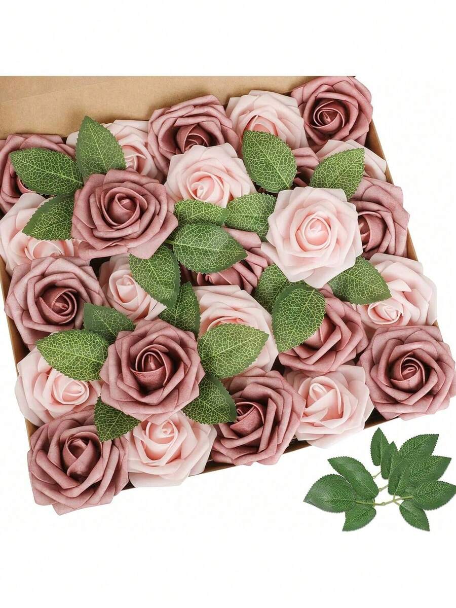 Artificial Flower Roses, 7/12/17/22/27pcs Real Touch Fake Foam Roses For Valentines Day DIY Bouquets Wedding Party Baby Shower Home Decorations - Pink - View 1