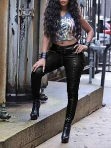 Women's Faux Leather Lace-Up Pants – Gothic Rock Skinny PU Moto Leggings Christmas Gift & New Year Gift - 黑色 - 查看 3