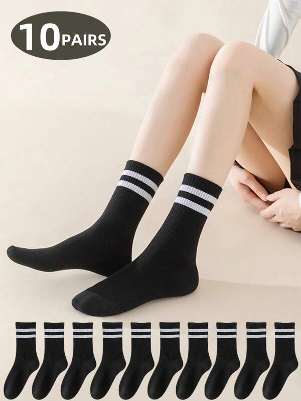 1 Paar/5 Paar/10 Paar schwarze gestreifte Socken, klassisch retro, süß, interessant, bequem, weich, Lässig, Minimal, Business, Sport, Zuhause, Outdoor, vielseitig, Damen Kniestrümpfe