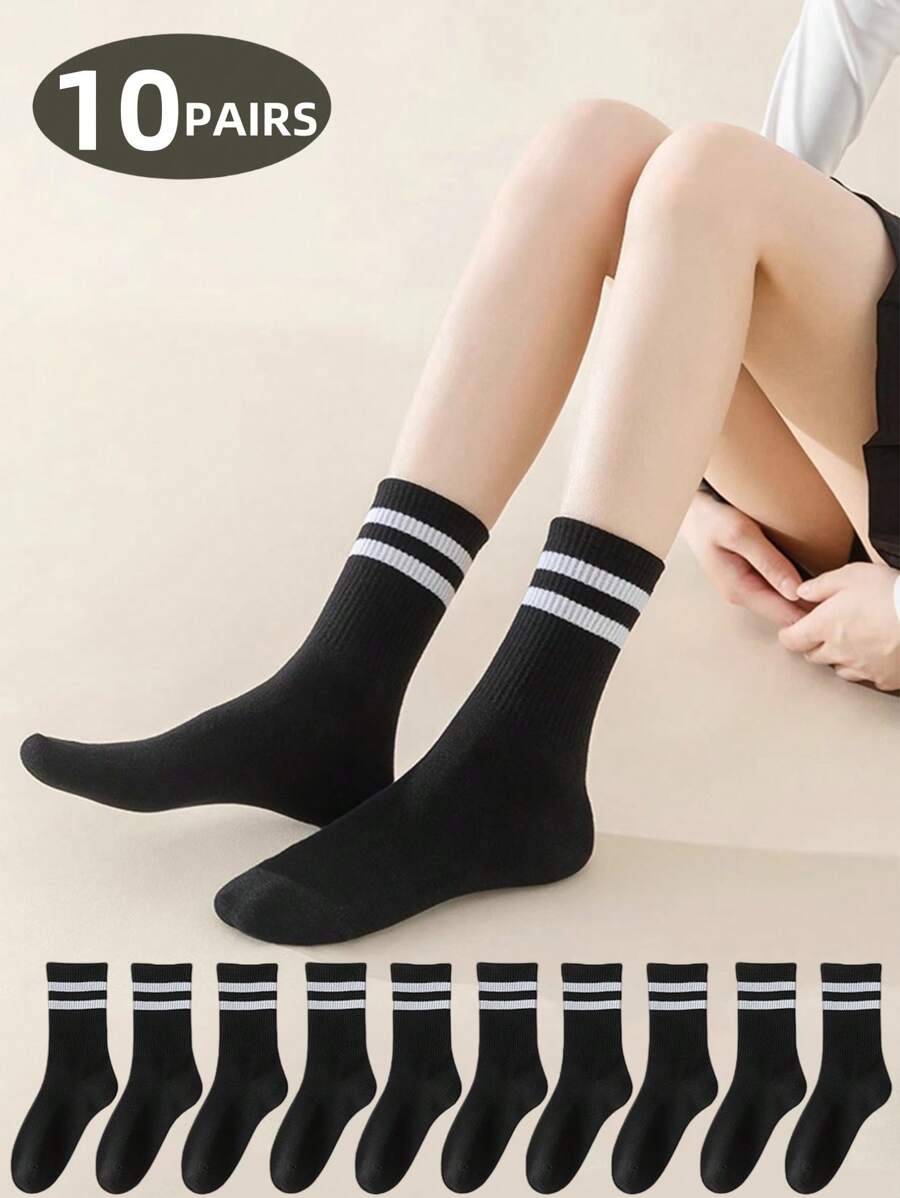 1 Paar/5 Paar/10 Paar schwarze gestreifte Socken, klassisch retro, süß, interessant, bequem, weich, Lässig, Minimal, Business, Sport, Zuhause, Outdoor, vielseitig, Damen Kniestrümpfe