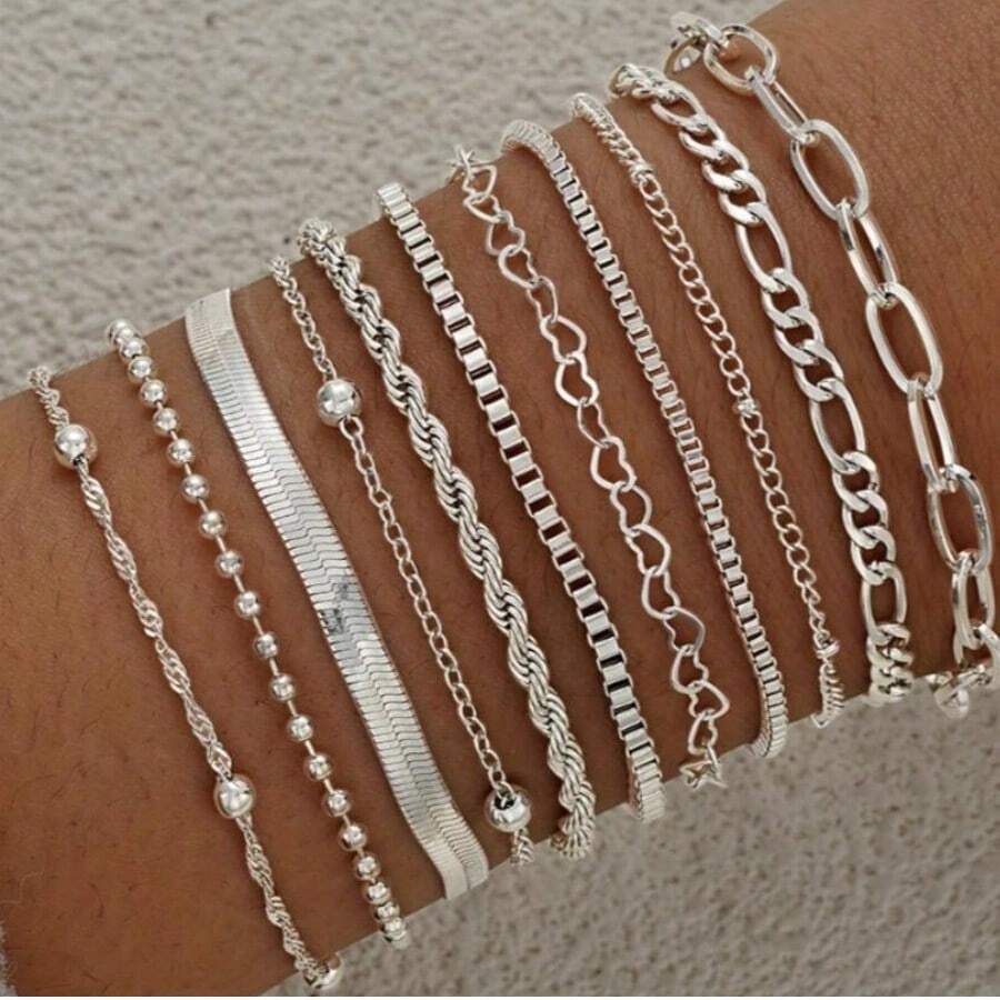 11pcs/Set Minimalist Heart Beads & Snake Chain Bracelet Set, Women Date Holiday Daily Accessory Gift