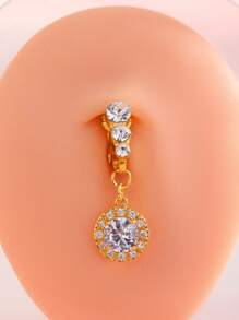 1pc 8mm Zirconia Stone & 3 Diamond Seamless Fake Belly Button Ring For Women, Basic Non-Piercing Navel Ring For Everyday Wear