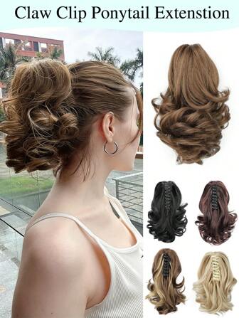马尾辫接发，10 英寸爪夹短卷发波浪马尾接发，自然造型合成假发，适合女士