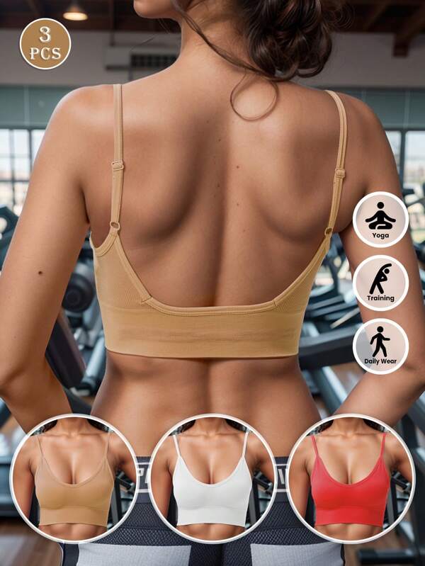 LianShengFa 3pcs High-Elastic Ribbed Yoga Bras, Shockproof Seamless Fitness Crop Top With Adjustable Straps, Breathable Open Back Sports Bras