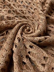 女士春夏印花咖啡色沙滩连衣裙，波西米亚性感镂空露背长袖钩针罩衫连衣裙 - 駝色 - 查看 11