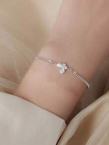 BALMORA 1 PC S925 Sterling Silver Butterfly Inlaid Cubic Zirconia Double-Layer Bracelet Exudes A Fresh And Elegant, With A Delicate Chain For Women - Silver - View 4