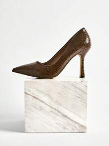 Zapatos de tacón alto para mujer, zapatos básicos marrones, diseño minimalista, estampado de piel de serpiente sintética, brillantes, tacón de aguja delgado, zapatos formales para vestidos, zapatos para bodas y fiestas, elegante moda, súper tacón alto, regalos de Navidad de invierno