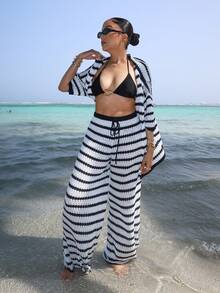 Melissa Matos 超大钩针沙滩罩衫波西米亚条纹夏季针织轻便度假服假日时尚前开式和服风格 - 查看 4