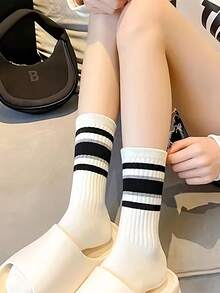 1/3/5/7/10 双条纹图案女士中性情侣运动袜中筒袜春夏节日礼物，秋季袜子 - 彩色 - 查看 4