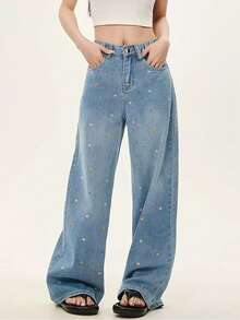 Y2K 少女做旧花卉刺绣宽松阔腿牛仔裤，复古休闲修身直筒裤 - 藍色 - 查看 2