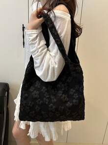 Floral Print Cute Tote Bag, Fashionable Solid Color Floral Design Canvas Tote Bag, Large Capacity Floral Pattern Shopping Bag, Suitable For Women, Young Professionals, Office Ladies, Teacher Gifts, Girls, Teenagers, Ladies, Women Large Capacity Business/Commute/Work/Office , Bow - Black - View 5